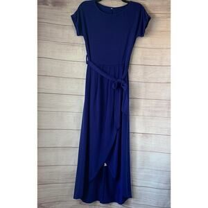 Royal Blue Wrap Skirt Cotton Blend Dress Short Sleeves Hi Low Hem Size M